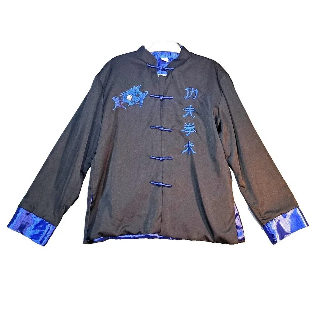 Mens Kung Fu Jacket Dragon‎ Embroidery Silk Blend Black Blue Yin Yang Large